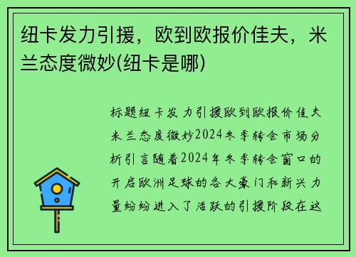 纽卡发力引援，欧到欧报价佳夫，米兰态度微妙(纽卡是哪)