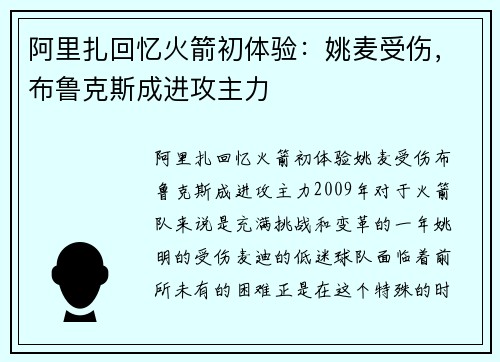 阿里扎回忆火箭初体验：姚麦受伤，布鲁克斯成进攻主力