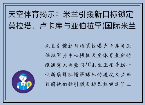 天空体育揭示：米兰引援新目标锁定莫拉塔、卢卡库与亚伯拉罕(国际米兰 卢卡库)