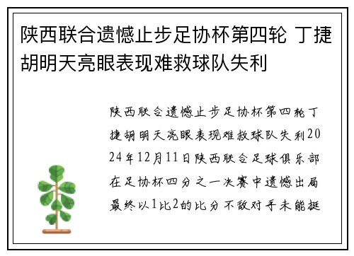 陕西联合遗憾止步足协杯第四轮 丁捷胡明天亮眼表现难救球队失利