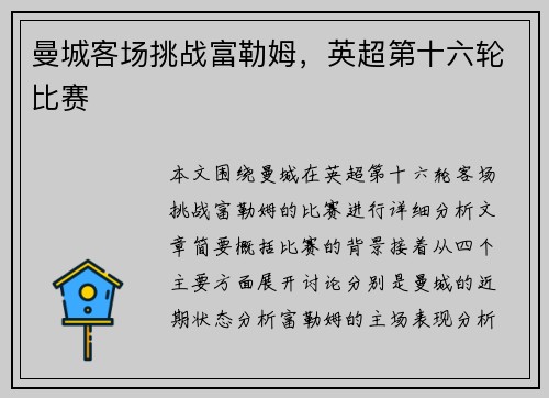 曼城客场挑战富勒姆，英超第十六轮比赛